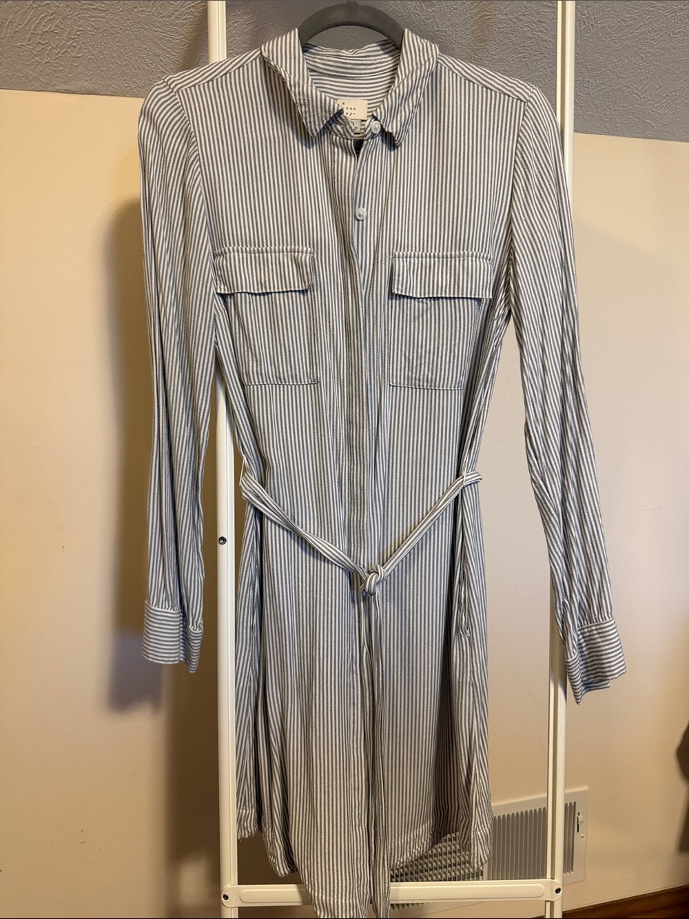 A New Day grey white striped button front rayon shirt dress  long sleeve size M